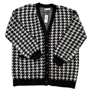 Loft Womens Black White Houndstooth Cardigan Sweater XL Career Professional